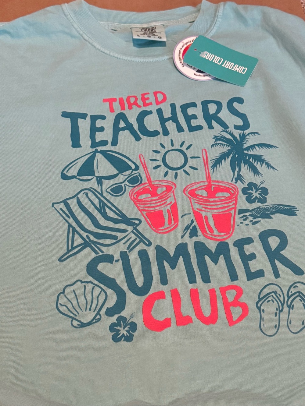 Tired Teachers Summer Club Graphic Tee - Light Aqua with Coral & Teal Print